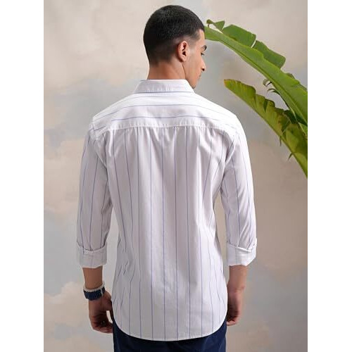 Highlander Men's Striped Slim Fit Shirt (Phsh000050_White/Indigo