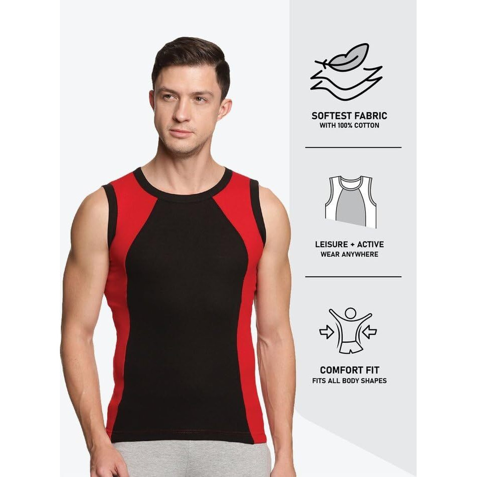 Genx Men's Super Combed Cotton Gym Vest With Sports Style (Pack Of 3) (Color May Vary) 7708-95Cm