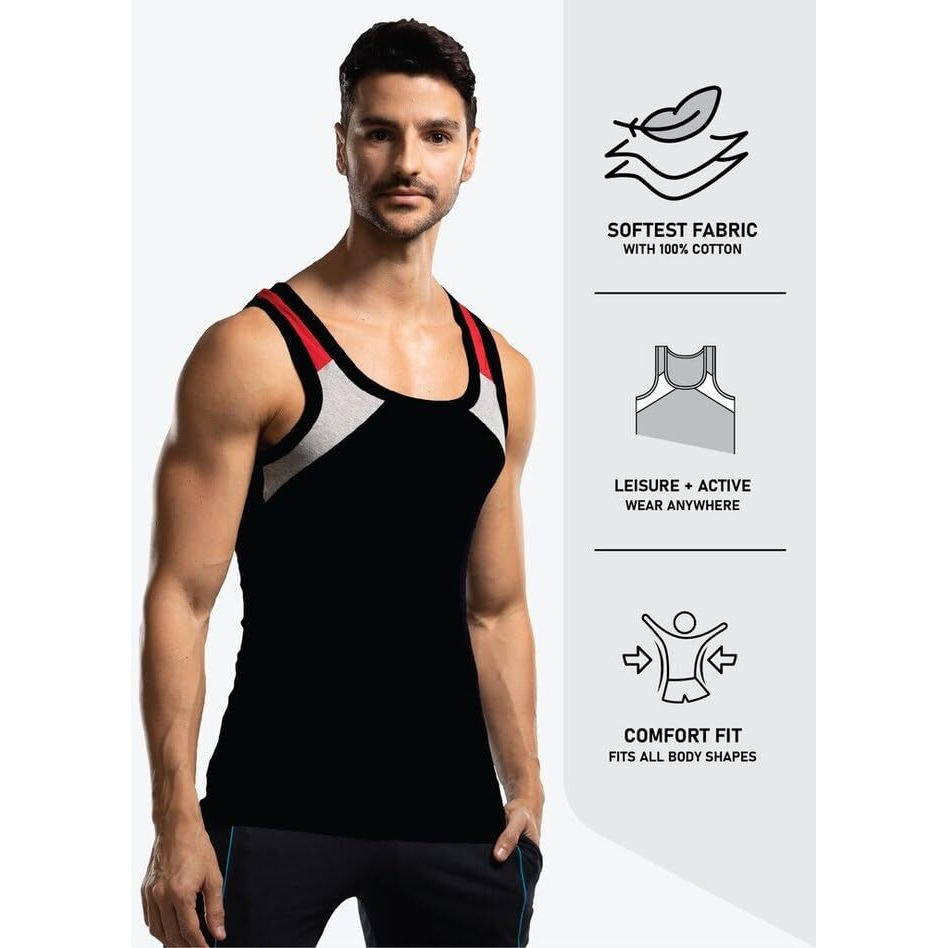 Genx Men's Super Combed Cotton Gym Vest With Sports Style (Pack Of 3) (Color May Vary) 7722-90Cm