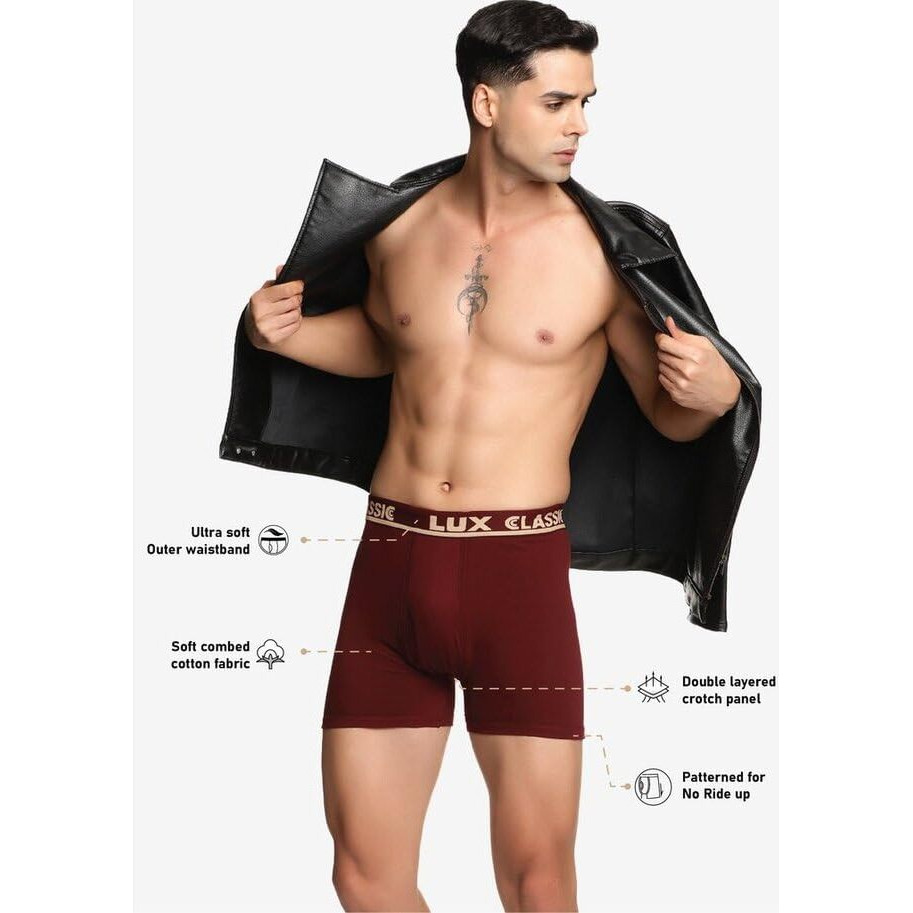 Lux Classic Men's Outer Elastic Trunks - Pack Of 5 (Color May Vary) - 90Cm | Premium 100% Cotton | Ultimate Comfort Breathable, Soft & Durable | Everyday Essential Lux Underwear Assorted
