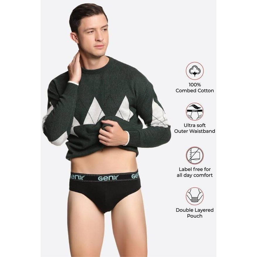 Genx Jazz Men's 100% Cotton Briefs With Comfortable Waistband(Pack Of 3)(Colors May Vary) -90Cm