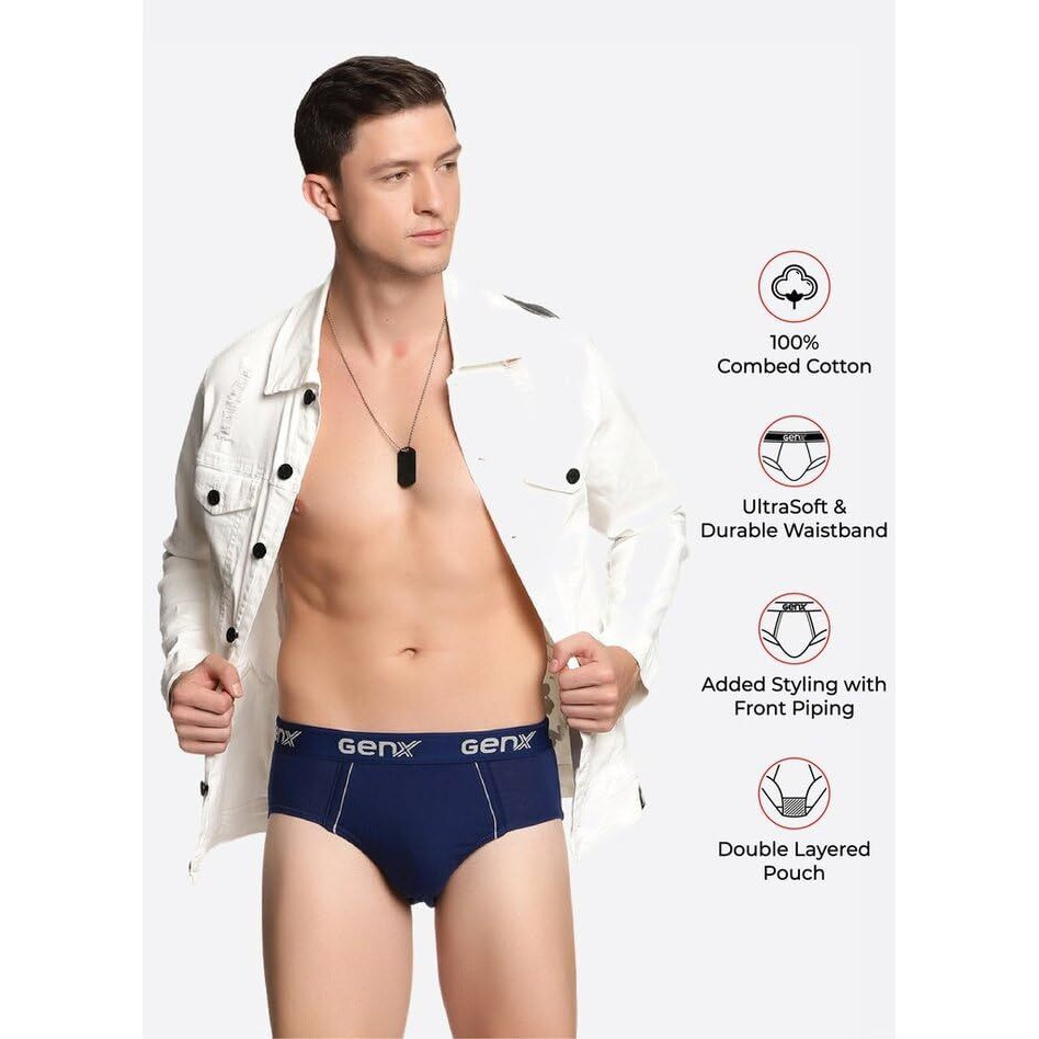 Genx Gusto Men's Brief -Stylish & Comfortable, 100% Combed Cotton Underwear(Pack Of 3)(Color May Vary) O/E-90Cm