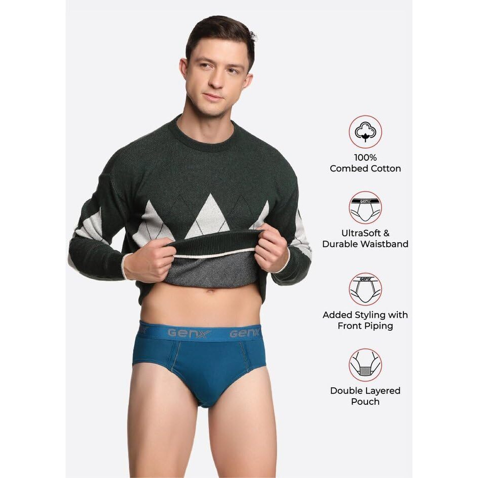 Genx Gusto Men's Brief -Stylish & Comfortable, 100% Combed Cotton Underwear(Pack Of 5)(Color May Vary) O/E-90Cm