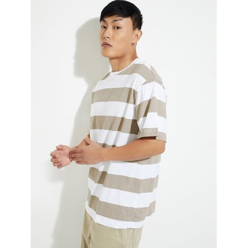 Max Urb_N Men Striped T-Shirt (Beige_M)