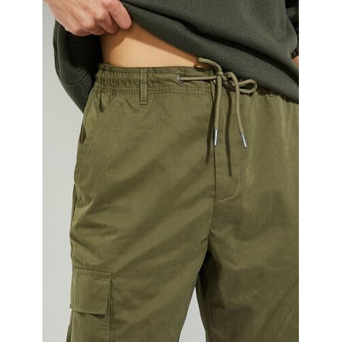 Max Urb_N Men Relaxed Fit Solid Cargo Joggers (Olive Green_Xl)