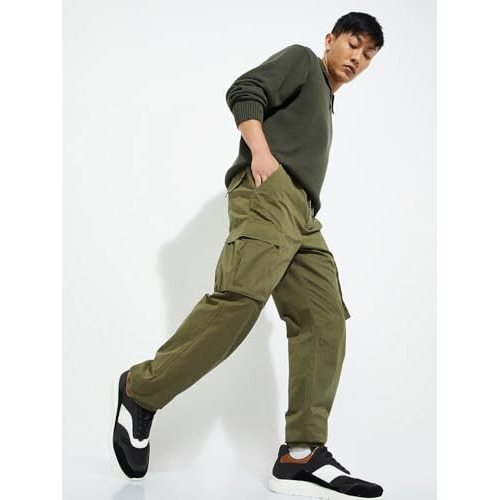 Max Urb_N Men Relaxed Fit Solid Cargo Joggers (Olive Green_Xl)