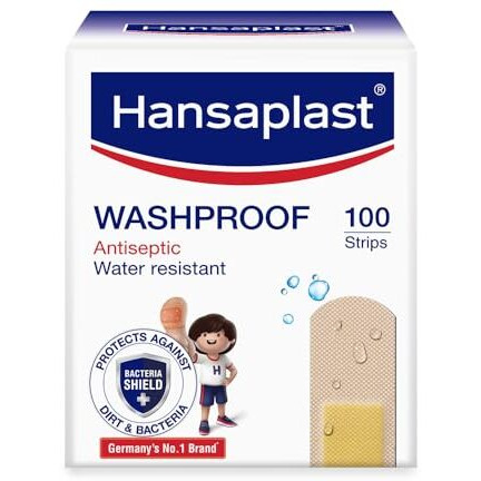 Hansaplast Antiseptic Washproof Bandage For Injury & Wounds | 100 Strips | First Aid | Water Resistant | Provides Comfort To The Wound In Water | For Kids & Adults