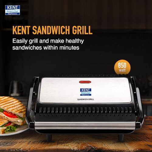 Kent 16025 Sandwich Grill 700 W | Non-Toxic Ceramic Coating | Automatic Temperature Cut-Off With Led Indicator | Toaster | Griller | Roaster | Sandwich Maker 3 In 1 | 1 Year Warranty