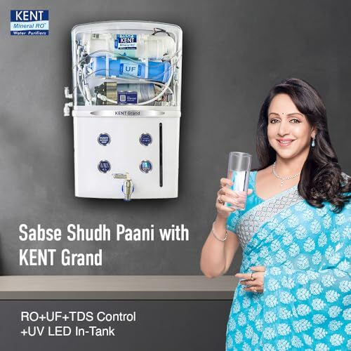 Kent Grand Ro Water Purifier | Advanced Ro Tech For Sabse Shudh Paani | Ro+Uf+Tds Control + Uv Led Tank | 8L | 20Lph Flow | Ideal For Borewell/Tanker/Municipal Water | Largest Service Network