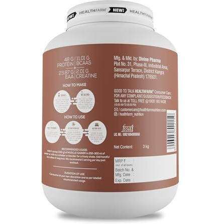 Healthfarm Muscle Gainer With High Protein And Carbs | Helps Gain Muscle Mass & Body Weight (Chocolate, 3Kg-6.6 Lbs)