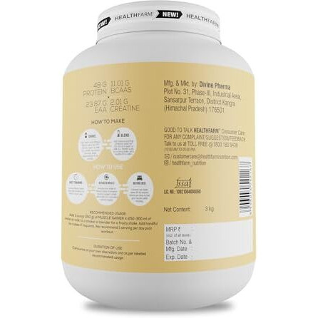 Healthfarm Muscle Gainer With High Protein And Carbs | Helps Gain Muscle Mass & Body Weight (Vanilla, 3Kg-6.6 Lbs)