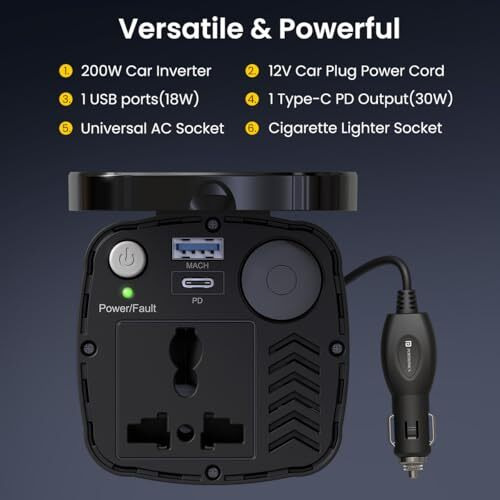 Portronics 200W Car Power One With 30W Type-C Pd,12V Car Plug Power Cord,18W Usb Port, Ac Socket, Cigarette Lighter Slot, Led Indicator, Power Button, And Cooling Fan  Compact And Durable(Black)