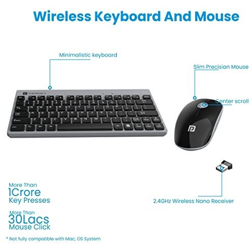 Portronics Key2 Combo Wireless Keyboard And Mouse Set, With 2.4 Ghz Usb Receiver, Silent Keystrokes, 1200 Dpi Optical Tracking, Compact Design, Multimedia Keys For Pc, Laptop & Usb Supported Devices (Grey)