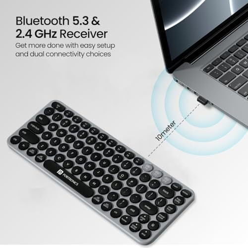 Portronics Bubble 2.0 Wireless Keyboard With Bluetooth + 2.4 Ghz Receiver, Connect 3 Devices, Compact Tkl Size, 10M Working Range, Function Shortcut Keys, For Laptop, Pc, Smartphone, Tablet (Grey)