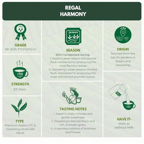 1950 Origins Regal Harmony | Premium Assam-Darjeeling Black Tea |100% Natural Loose Leaf Tea | Pure Assam Ctc With Darjeeling Whole Long Leaf Tea | Fresh,Aromatic & Pure | 150G Tin Caddy