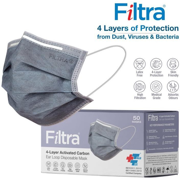 Filtra 4-Ply Ear Loop Activated Carbon Mask | Very High Filtration 99% Bfe & Pfe | Breathable | Hypoallergenic | Ergonomic | Fluid Repellent | Adsorbs Smells | Dispenser Box Of 50 Masks