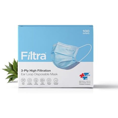 Filtra 3-Ply Ear Loop Surgical Mask | High Filtration 99% Bfe & Pfe | Breathable | Hypoallergenic | Ergonomic | Fluid Repellent | Blue | Dispenser Box Of 100 Masks