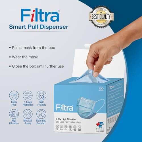 Filtra 3-Ply Ear Loop Surgical Mask | High Filtration 99% Bfe & Pfe | Breathable | Hypoallergenic | Ergonomic | Fluid Repellent | Blue | Dispenser Box Of 100 Masks