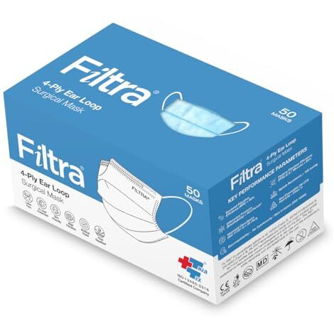 Filtra 4-Ply Ear Loop Surgical Mask | Dental & Medical Mask | Very High Filtration 99% Bfe & Pfe | Breathable | Hypoallergenic | Fluid Repellent | Dispenser Box Of 50 Masks - Blue
