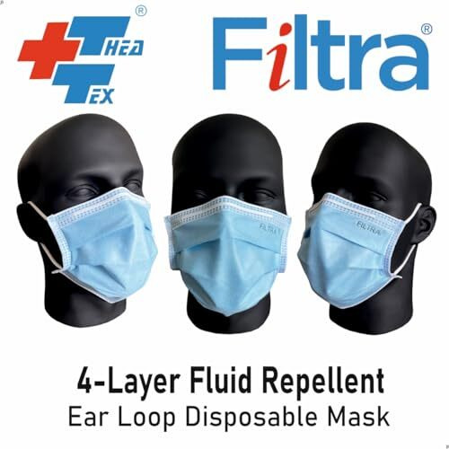Filtra 4-Ply Ear Loop Surgical Mask | Dental & Medical Mask | Very High Filtration 99% Bfe & Pfe | Breathable | Hypoallergenic | Fluid Repellent | Dispenser Box Of 50 Masks - Blue