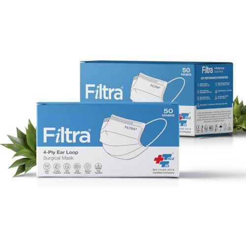 Filtra 4-Ply Ear Loop Surgical Mask | Dental & Medical Mask | Very High Filtration 99% Bfe & Pfe | Breathable | Hypoallergenic | Fluid Repellent | Dispenser Box Of 50 Masks - Blue