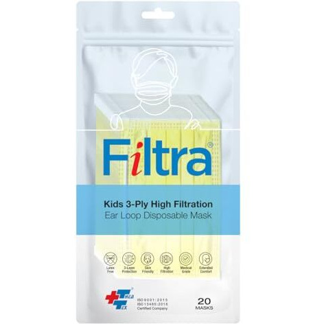 Filtra 3-Ply Ear Loop Kids Mask | Ages 3-18 | Kids Mask | Children's Mask | Ladies Mask | High Filtration | New Extra Tough Courier Packing | Travel Zip Lock Pouch Of 20 Masks (Yellow)