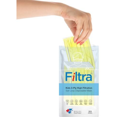 Filtra 3-Ply Ear Loop Kids Mask | Ages 3-18 | Kids Mask | Children's Mask | Ladies Mask | High Filtration | New Extra Tough Courier Packing | Travel Zip Lock Pouch Of 20 Masks (Yellow)