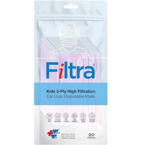 Filtra 3-Ply Ear Loop Kids Mask | Ages 3-18 | Kids Mask | Children's Mask | Ladies Mask | High Filtration | New Extra Tough Courier Packing | Travel Zip Lock Pouch Of 20 Masks (Pink)