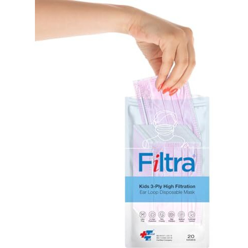 Filtra 3-Ply Ear Loop Kids Mask | Ages 3-18 | Kids Mask | Children's Mask | Ladies Mask | High Filtration | New Extra Tough Courier Packing | Travel Zip Lock Pouch Of 20 Masks (Pink)