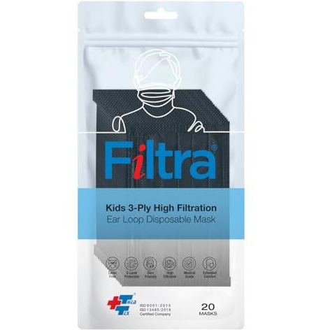 Filtra 3-Ply Ear Loop Kids Mask | Ages 3-18 | Kids Mask | Children's Mask | Ladies Mask | High Filtration | New Extra Tough Courier Packing | Travel Zip Lock Pouch Of 20 Masks (Black)