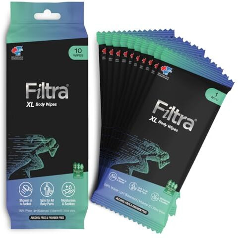 Filtra Xl Body Wipes | Extra Large & Thick Full Body Wipes | Pack Of 10 Single Sachets Wipes | Shower In A Sachet | Suited For Gym | Fitness | Sports | Athletes | Cricket | Soccer | Runners | Racket Sports | Travel | Commuter | Trekking | Camping | Festivals | Road Trips - Travel Pack Of 10 Single Sachets