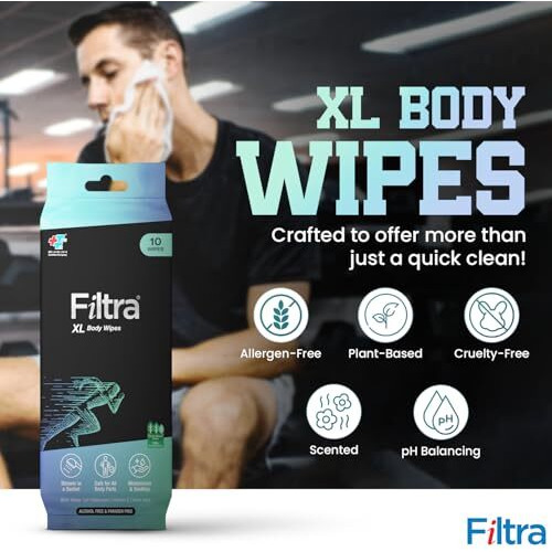Filtra Xl Body Wipes | Extra Large & Thick Full Body Wipes | Pack Of 10 Single Sachets Wipes | Shower In A Sachet | Suited For Gym | Fitness | Sports | Athletes | Cricket | Soccer | Runners | Racket Sports | Travel | Commuter | Trekking | Camping | Festivals | Road Trips - Travel Pack Of 10 Single Sachets