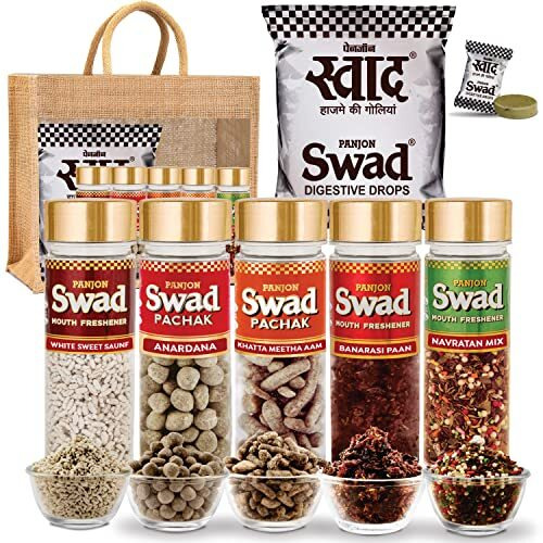 Swad Candy Pack (25 Digestive Toffees) & After Meal Mouthfresheners (White Sweet Saunf, Anardana, Khatta Meetha Aam, Banarasi Paan & Navratan Mukhwas Pachak) 6 Pcs