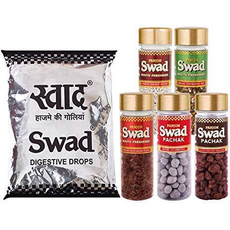 Swad Candy Pack (25 Digestive Toffees) & After Meal Mouthfresheners (White Sweet Saunf, Anardana, Khatta Meetha Aam, Banarasi Paan & Navratan Mukhwas Pachak) 6 Pcs