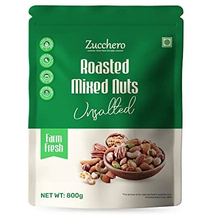 Zucchero Roasted Nut Mix, 800G (California Almond, Cashew (W240), White Chikpeas, Bold Peanuts, Pistachio, Black Raisin) - Oil-Free Roasting | No Added Salt | Hi-Protein | Roasted Dry Fruit | Jumbo Quality | Brainy Nuts | Preservative Free | Zero Cholesterol | Superfood