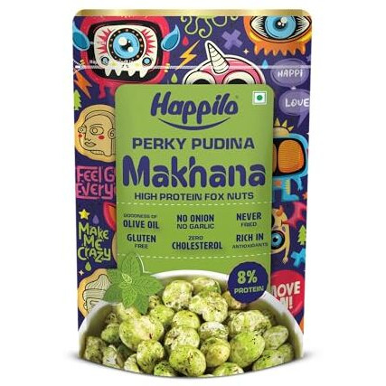 Happilo Premium Super Snack Makhana Perky Pudina 55G, Roasted Foxnut Healthy Snack Low Calorie Gluten Free And Vegan