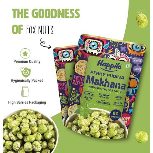 Happilo Premium Super Snack Makhana Perky Pudina 55G, Roasted Foxnut Healthy Snack Low Calorie Gluten Free And Vegan