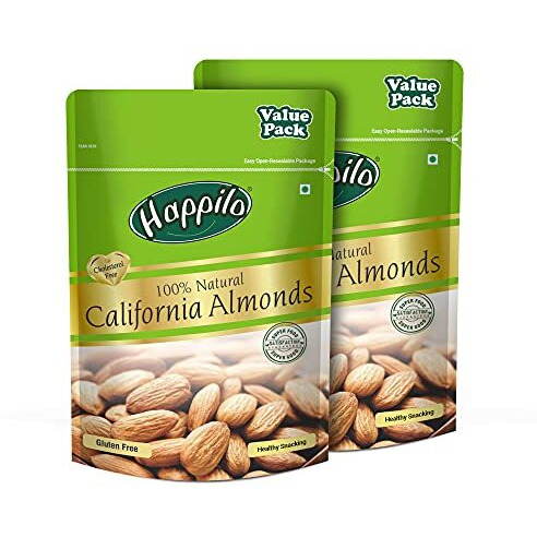 Happilo Natural Premium California Almonds 1 Kg Each (Pack Of 2) | Raw Badam Dry Fruit | High Protein Snack | Amazing Quality Badaam | Real Nuts | High In Fiber | Badam Giri | Rich In Protein | Magnesium | Phosphorus | Dietary Fibre | Nuts & Dry Fruits | Gluten Free & Zero Cholesterol