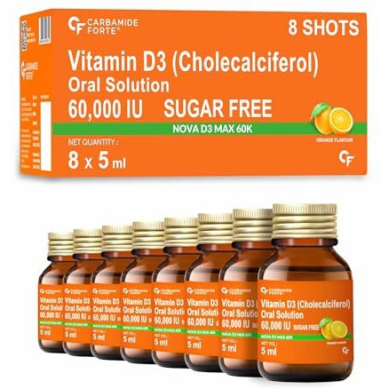 Carbamide Forte Vitamin D3 60000Iu Shots | Vitamin D3 60000 Iu Sugar Free Oral Solution| Vitamin D 3 60K Supplement For Men & Women  5Ml Orange Flavour (Pack Of 8)