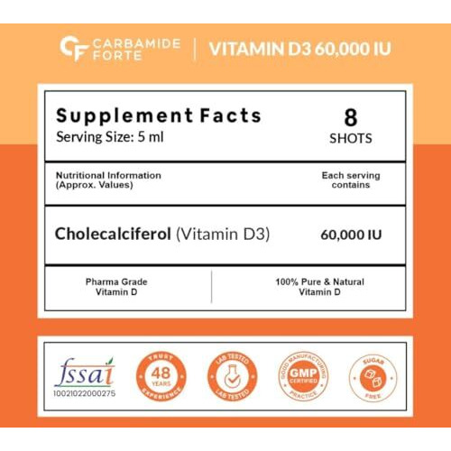 Carbamide Forte Vitamin D3 60000Iu Shots | Vitamin D3 60000 Iu Sugar Free Oral Solution| Vitamin D 3 60K Supplement For Men & Women  5Ml Orange Flavour (Pack Of 8)