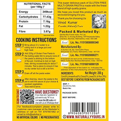 Naturally Yours, Multigrain Pasta, Gluten Free, No Maida, Preservative Free, Vegan, 200G (Pack Of 1)