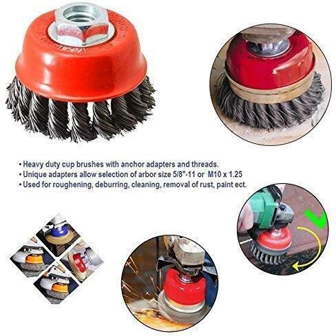 Aasons Twisted And Crimped 3" Cup Brush Set Combo For Removing Rust, Paint & Polishing Can Be Used With 4" Angle Grinder Or Drill Machine With Adaptor