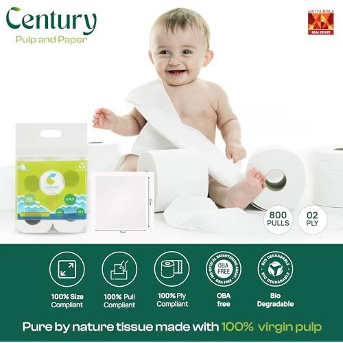 Century 2 Ply Soft & Highly Absorbent Toilet/Bathroom Tissue Paper |100% Natural Virgin Pulp|Biodegradable & Chemical-Free Tissue Roll 4 In 1-200 Pulls Per Roll
