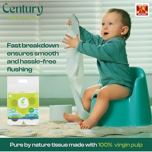 Century 2 Ply Soft & Highly Absorbent Toilet/Bathroom Tissue Paper |100% Natural Virgin Pulp|Biodegradable & Chemical-Free Tissue Roll 4 In 1-200 Pulls Per Roll