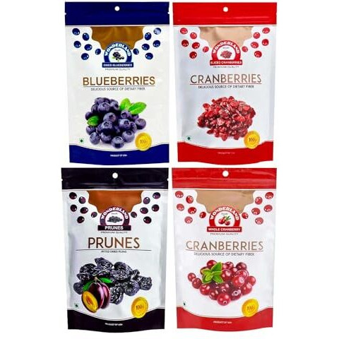 Wonderland Foods 750G Dried Berries Combo Pack Of 3 Blueberry 150G, Sliced Cranberry 200G, Whole Cranberry 200G & Prunes 200G Pouch