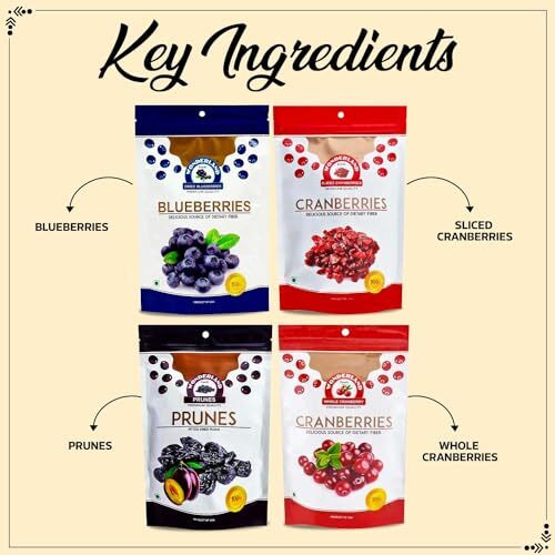Wonderland Foods 750G Dried Berries Combo Pack Of 3 Blueberry 150G, Sliced Cranberry 200G, Whole Cranberry 200G & Prunes 200G Pouch