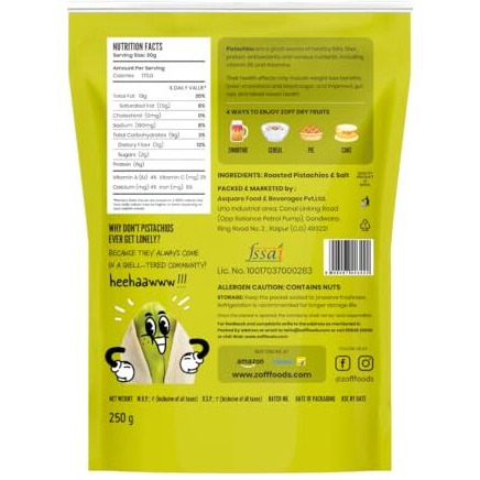 Zoff Pistachios Shelled | Pista Nuts Super Crunchy & Delicious Healthy Snack, Vitamins & Minerals Rich, Hygienically Packed | 250 Gm