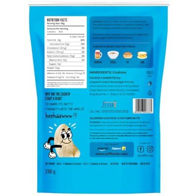 Zoff Cashews - Premium W320 Whole Cashew Nuts For Snacking, Cooking & Baking - Naturally Nutritious & Delicious  250G