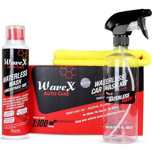 Wavex Waterless Car Wash Kit Car Cleaning Spray 100X Concentrate | 100 Times Dilutable With Empty Spray Bottle Microfiber Cleaning Cloth | Car Washing Without Water