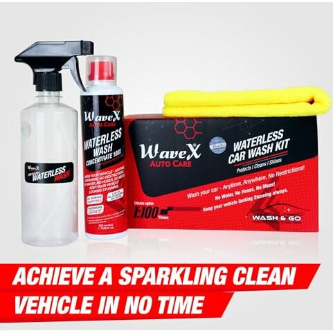 Wavex Waterless Car Wash Kit Car Cleaning Spray 100X Concentrate | 100 Times Dilutable With Empty Spray Bottle Microfiber Cleaning Cloth | Car Washing Without Water